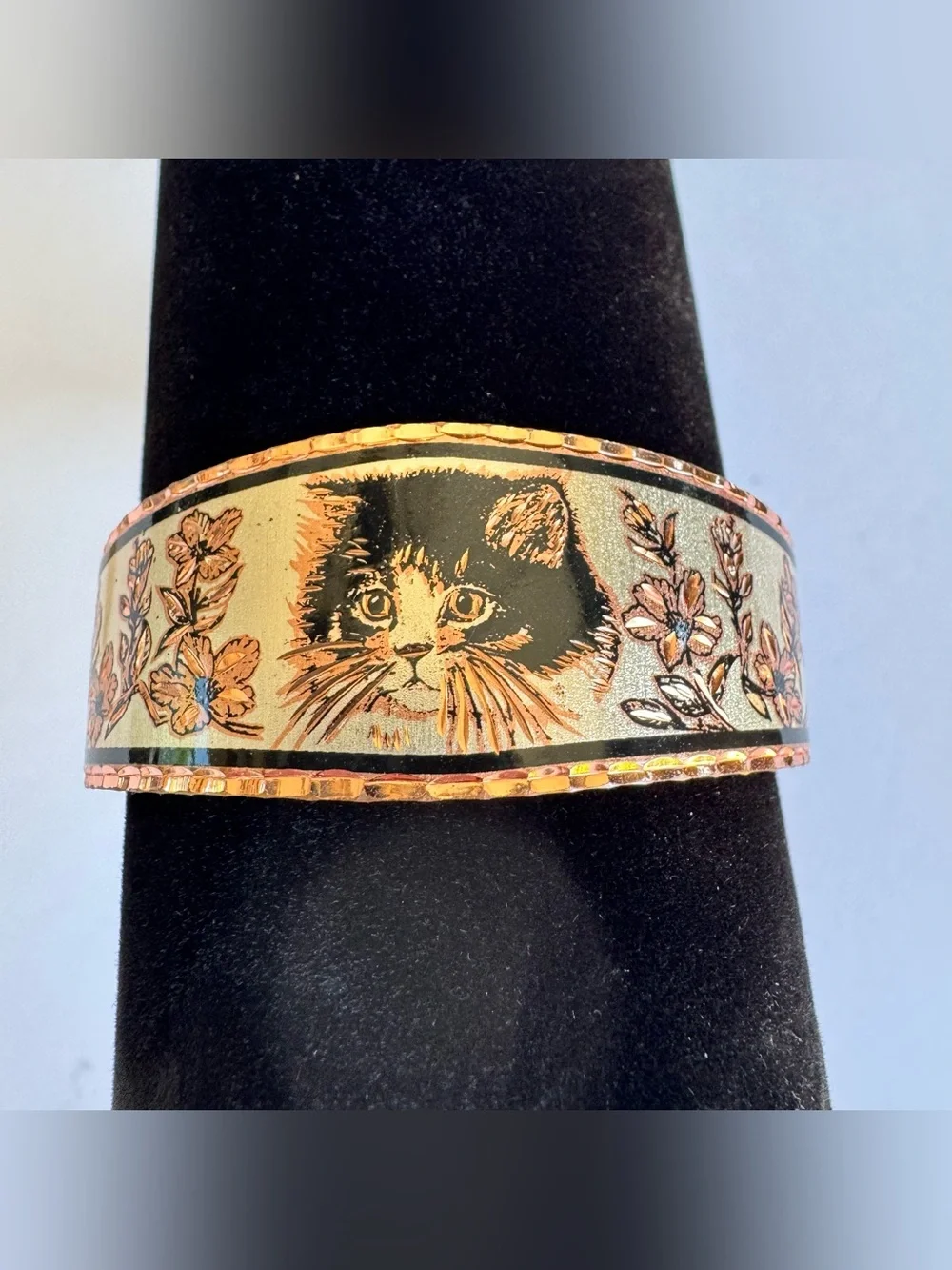Copper Reflections Etched Kitty Cat Flower Cuff Bracelet